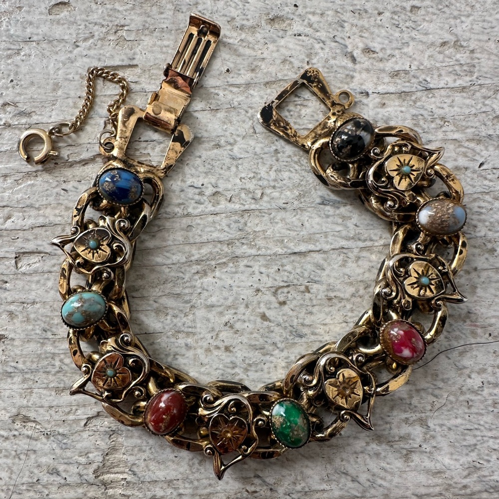 Vintage 60s Victorian Revival Heart And Cabochon Bracelet